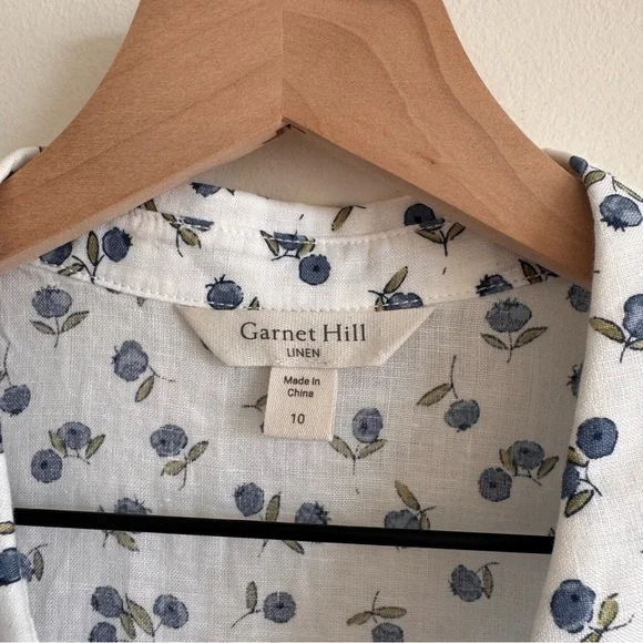 Garnet Hill | 100% Flax Linen Short-Sleeve Button-Front Blueberries Shirt US 10 - Picture 5 of 8
